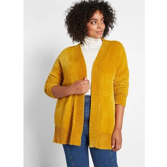 ModCloth Chenille the Deal Cardigan Open Front Golden Yellow Women’s L - Picture 1 of 5